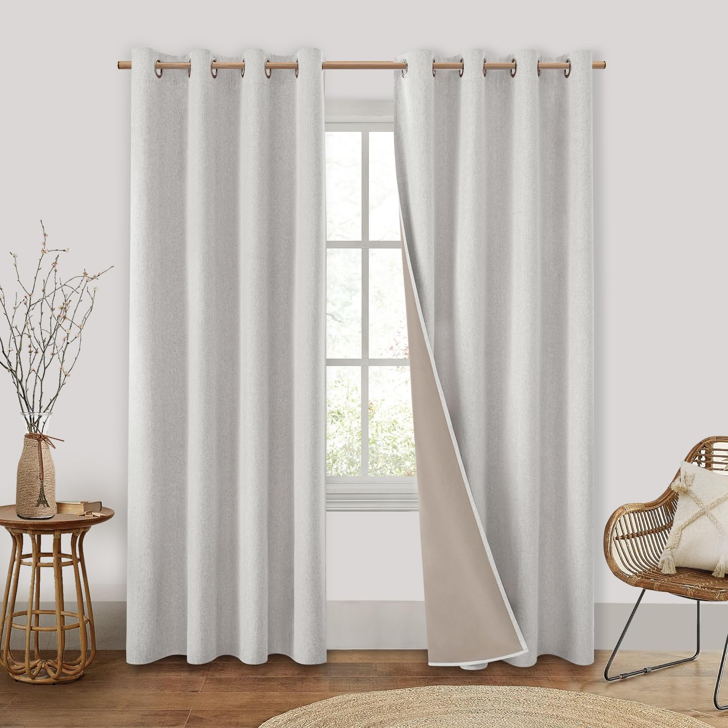 HOMEIDEAS 100% Blackout Curtains 84 Inches Long 2 Panels Ivory Grommet Linen Textured Curtains Grommet Cream Room Darkening Curt
